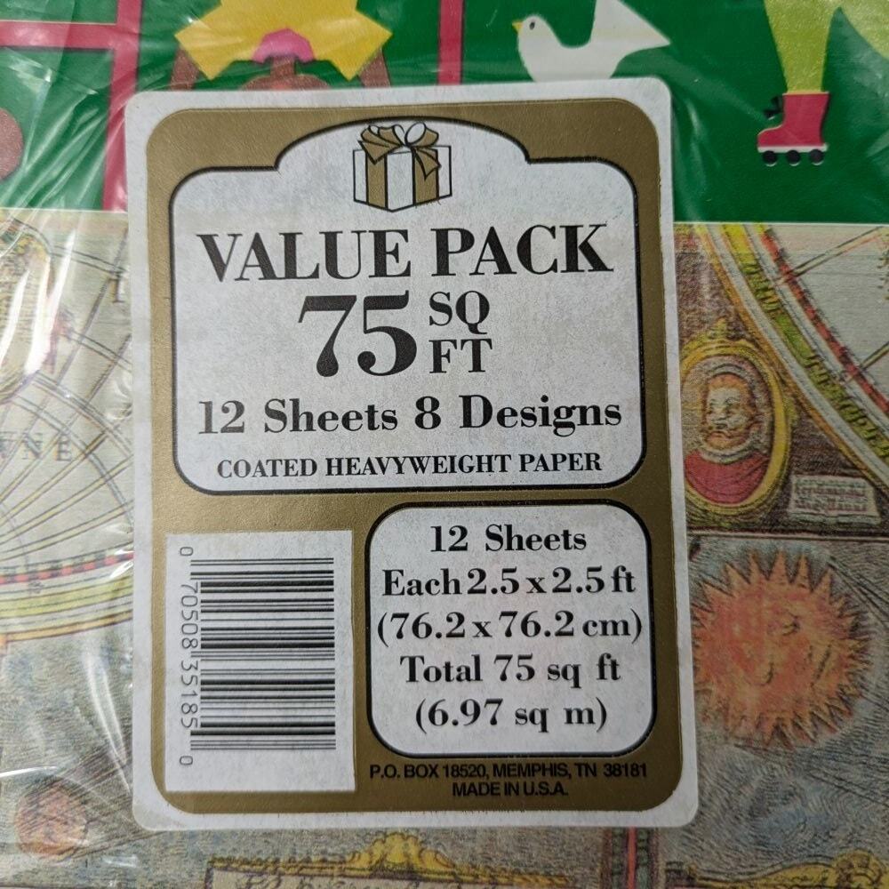 Vtg Holiday Wrapping Paper 12 Sheets 75 Sq Ft Automobiles Stamps Kids Music Map - Picture 3 of 13